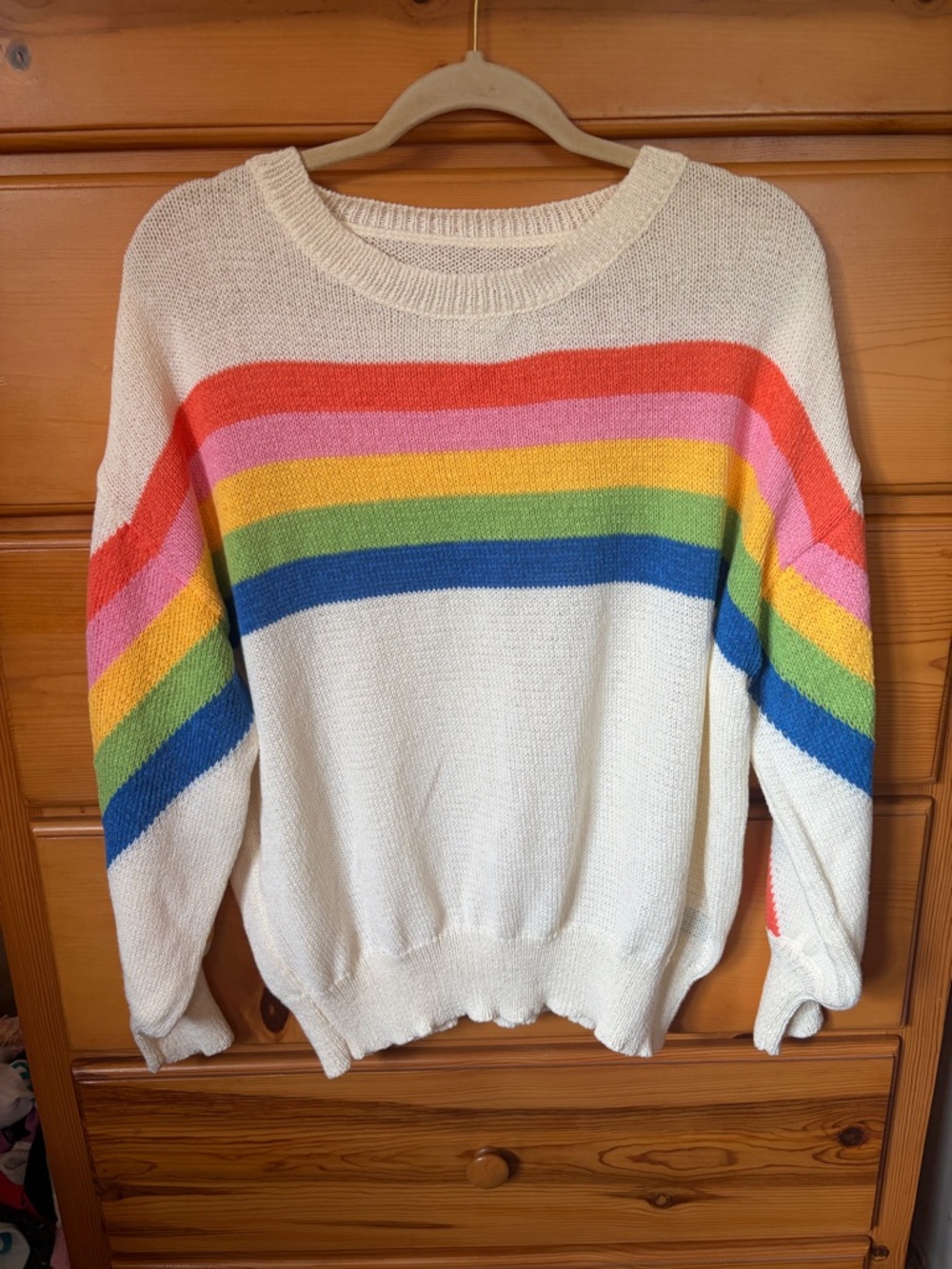 SHEIN Cream Knit Crewneck Sweater with Rainbow Stripes